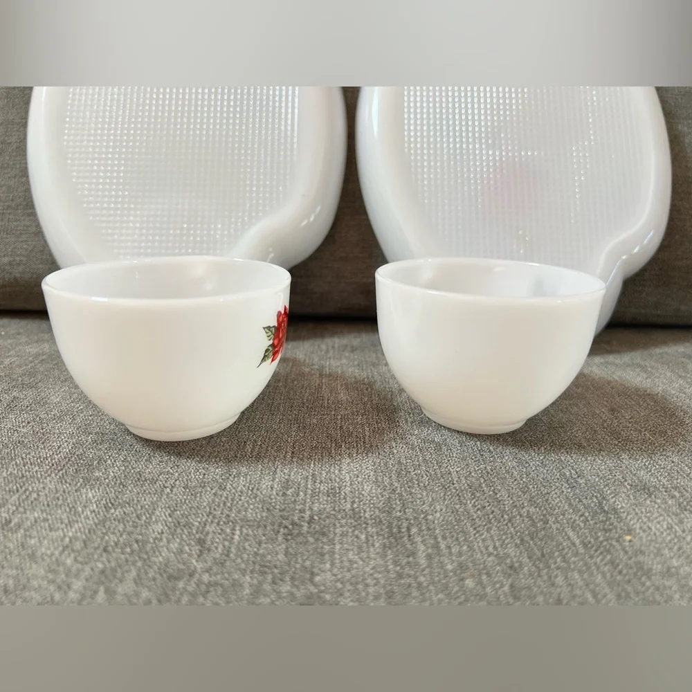 Tea Cup and Plate White Federal Milk Glass Red Rose‎ Vintage
